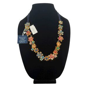 NWT RSVP By Talbots Adjustable Ribbon Tie Statement Necklace Gold-Tone Flowers